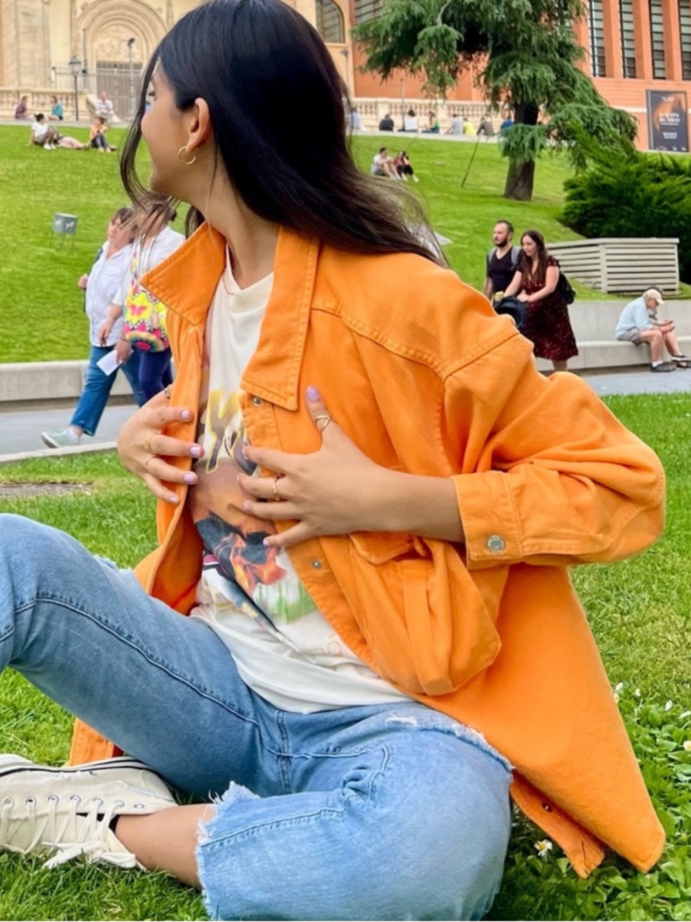 Zara Orange Denim Jean Jacket Oversized Boyfriend Fit Cargo Pockets XS